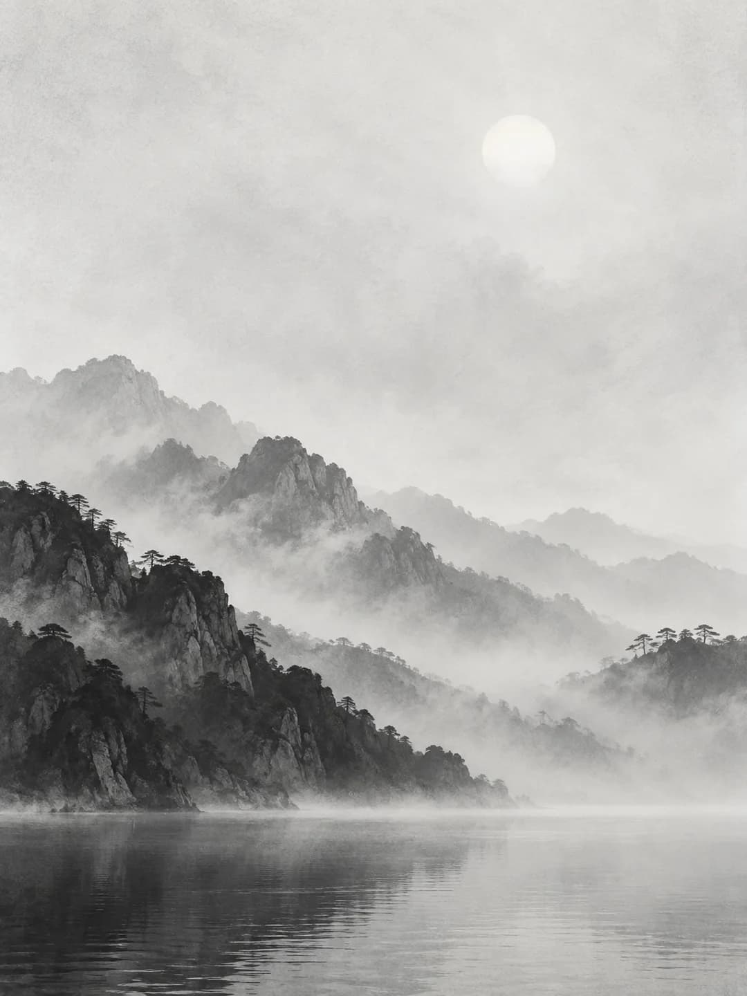 Mountain ridges disappearing into mist
